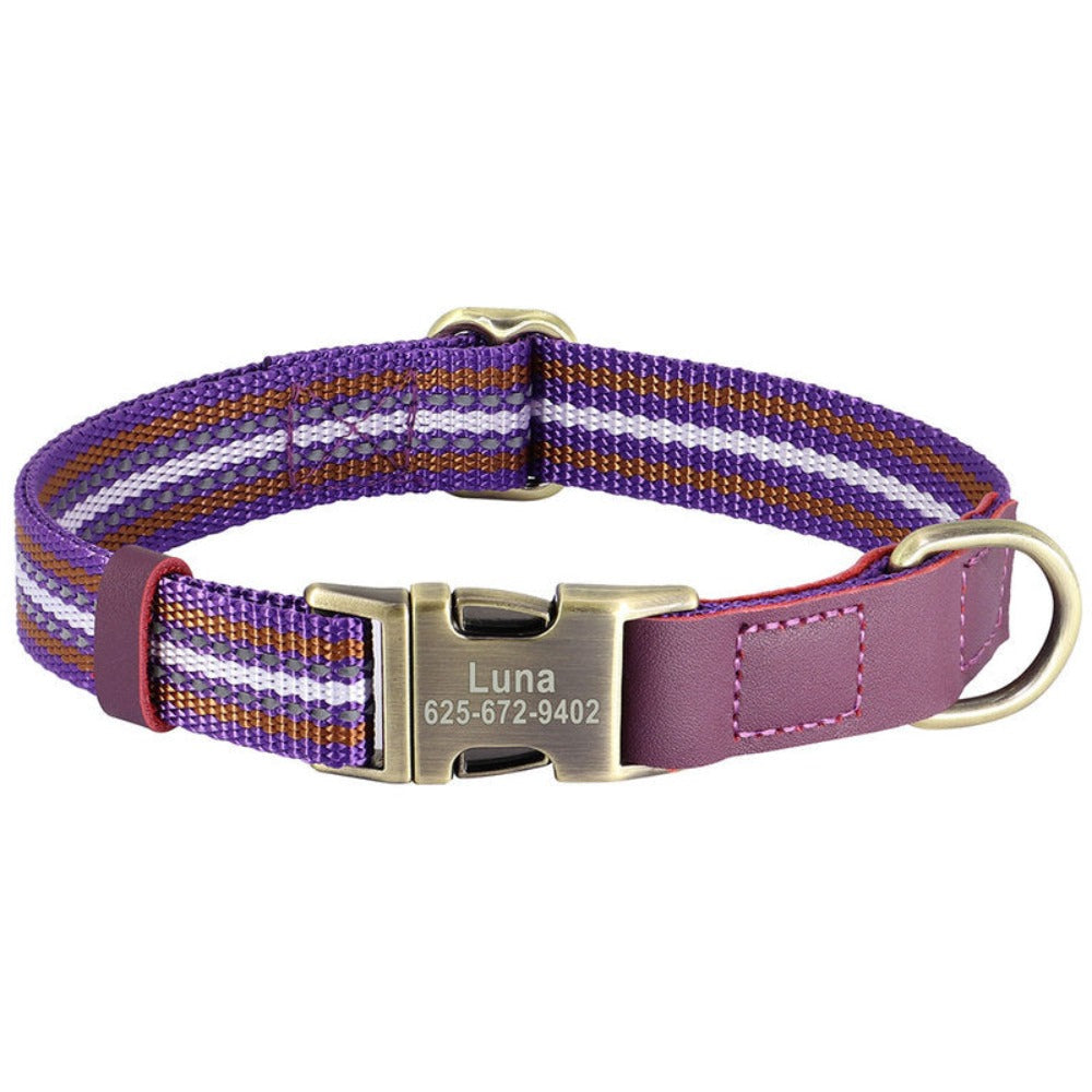 Personalized Reflective Nylon Dog Vegan Leather Collar - Pawzopaws