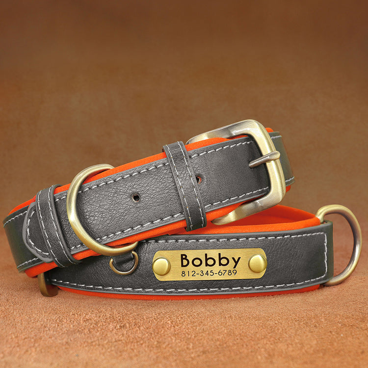 Customized Leather ID Nameplate Dog Collar Soft Padded Dogs Collars Free Engraving Name for Small Medium Large Dogs Adjustable - Pawzopaws