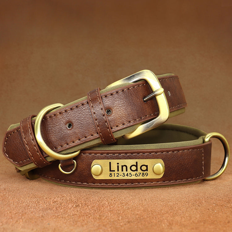 Customized Leather ID Nameplate Dog Collar Soft Padded Dogs Collars Free Engraving Name for Small Medium Large Dogs Adjustable - Pawzopaws