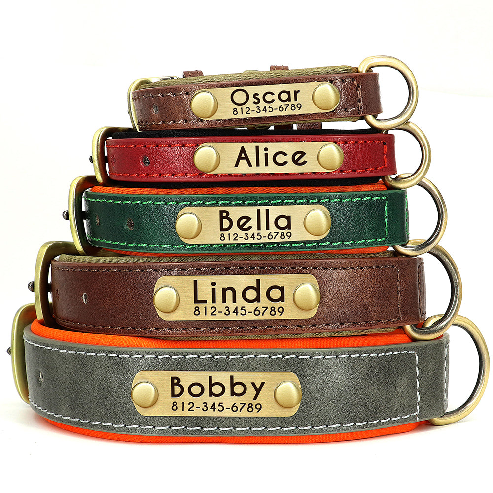 Customized Leather ID Nameplate Dog Collar Soft Padded Dogs Collars Free Engraving Name for Small Medium Large Dogs Adjustable - Pawzopaws