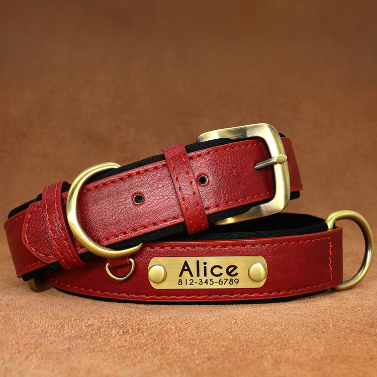 Customized Leather ID Nameplate Dog Collar Soft Padded Dogs Collars Free Engraving Name for Small Medium Large Dogs Adjustable - Pawzopaws