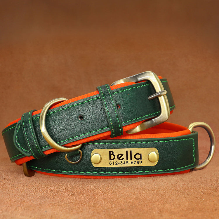 Customized Leather ID Nameplate Dog Collar Soft Padded Dogs Collars Free Engraving Name for Small Medium Large Dogs Adjustable - Pawzopaws