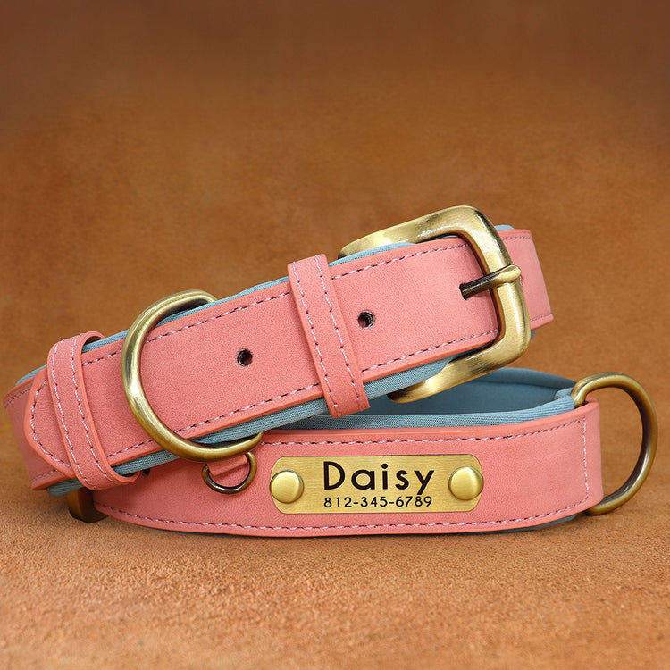 Customized Leather ID Nameplate Dog Collar Soft Padded Dogs Collars Free Engraving Name for Small Medium Large Dogs Adjustable - Pawzopaws