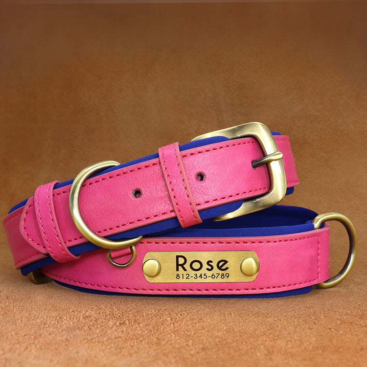 Customized Leather ID Nameplate Dog Collar Soft Padded Dogs Collars Free Engraving Name for Small Medium Large Dogs Adjustable - Pawzopaws